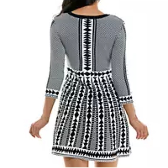 NWT Nina Leonard black ivory white geometric pattern flare skater dress size XS - Picture 3 of 11